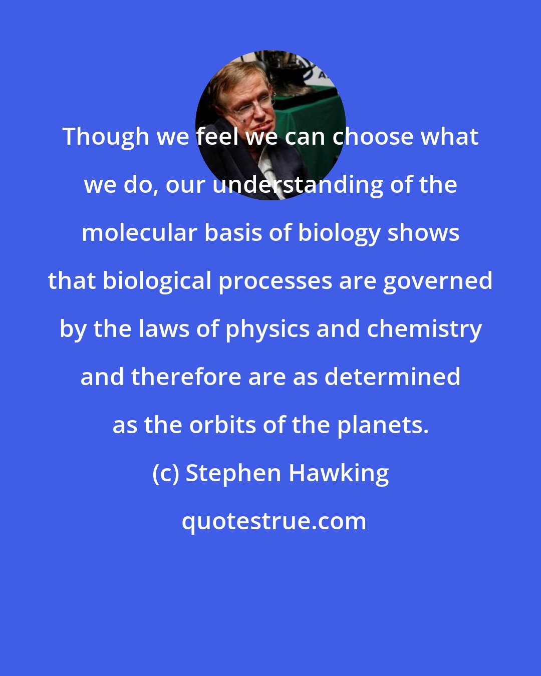 Stephen Hawking: Though we feel we can choose what we do, our understanding of the molecular basis of biology shows that biological processes are governed by the laws of physics and chemistry and therefore are as determined as the orbits of the planets.