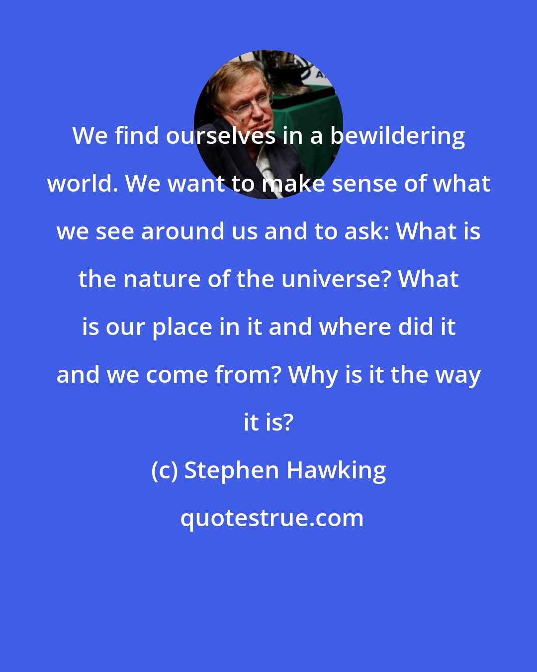 Stephen Hawking: We find ourselves in a bewildering world. We want to make sense of what we see around us and to ask: What is the nature of the universe? What is our place in it and where did it and we come from? Why is it the way it is?