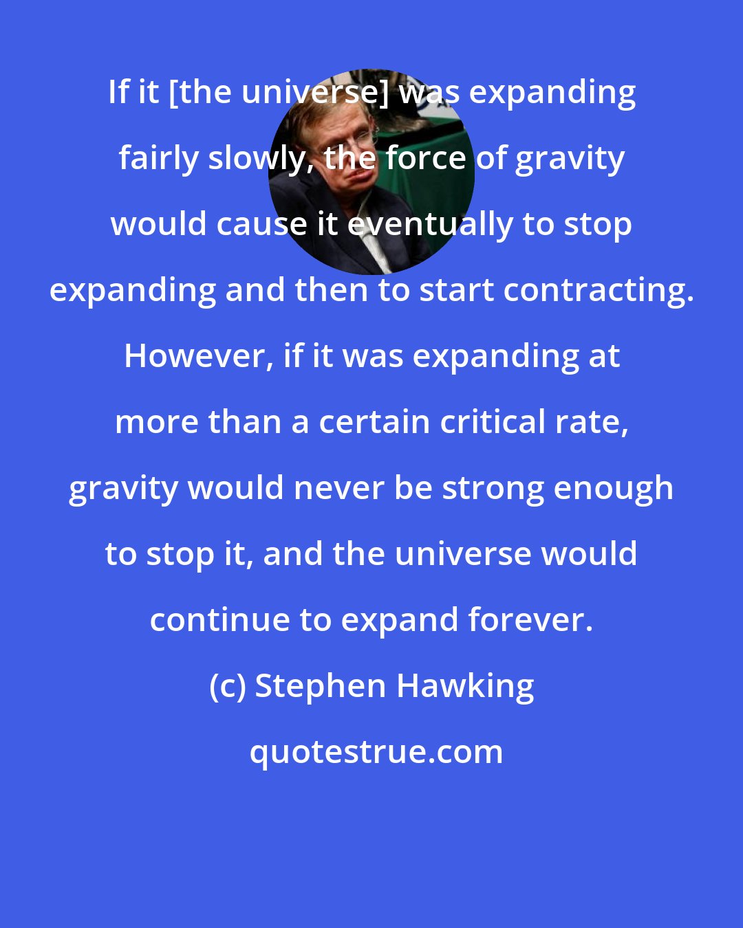 Stephen Hawking: If it [the universe] was expanding fairly slowly, the force of gravity would cause it eventually to stop expanding and then to start contracting. However, if it was expanding at more than a certain critical rate, gravity would never be strong enough to stop it, and the universe would continue to expand forever.