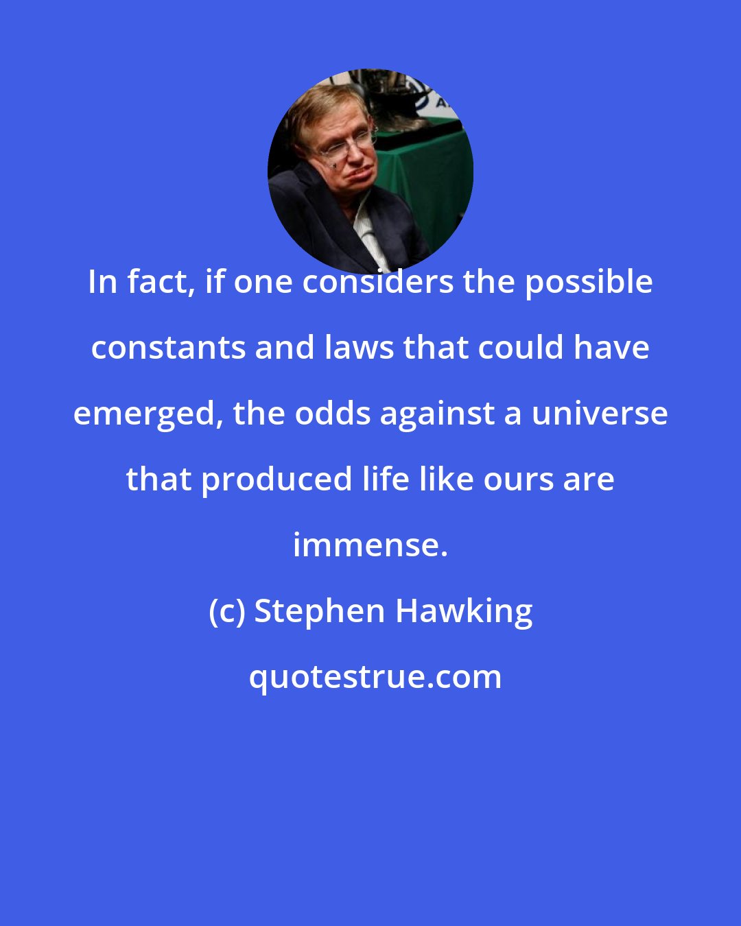 Stephen Hawking: In fact, if one considers the possible constants and laws that could have emerged, the odds against a universe that produced life like ours are immense.