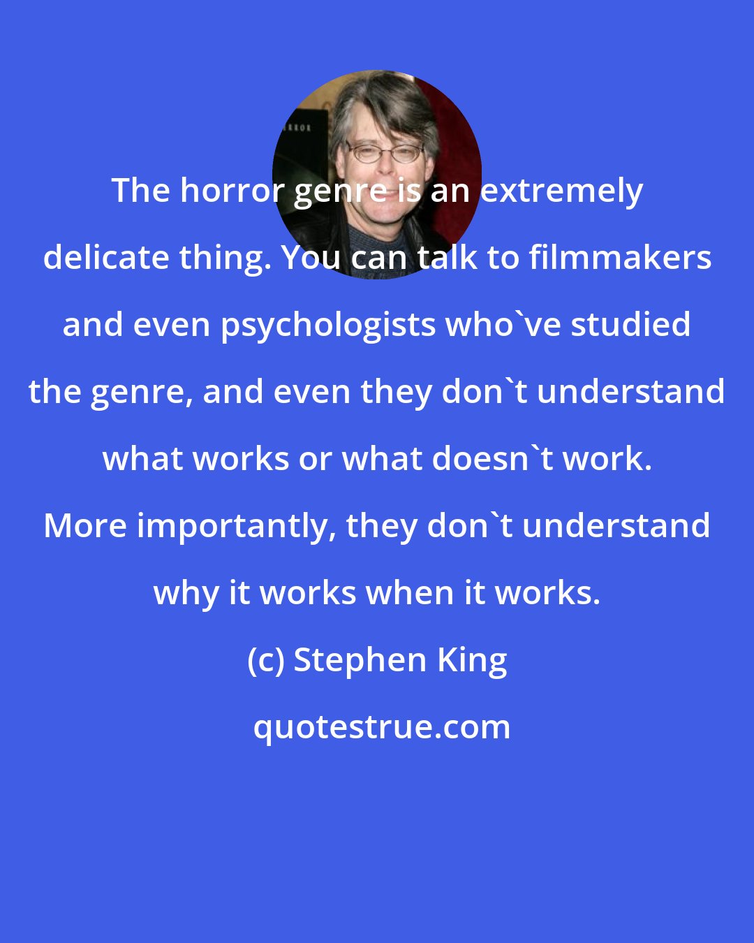 Stephen King: The horror genre is an extremely delicate thing. You can talk to filmmakers and even psychologists who've studied the genre, and even they don't understand what works or what doesn't work. More importantly, they don't understand why it works when it works.