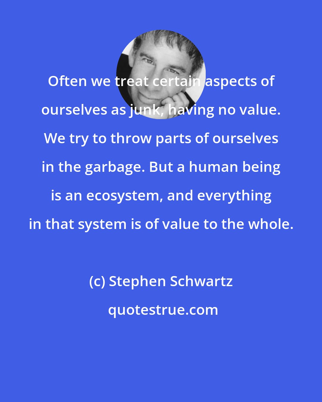 Stephen Schwartz: Often we treat certain aspects of ourselves as junk, having no value. We try to throw parts of ourselves in the garbage. But a human being is an ecosystem, and everything in that system is of value to the whole.