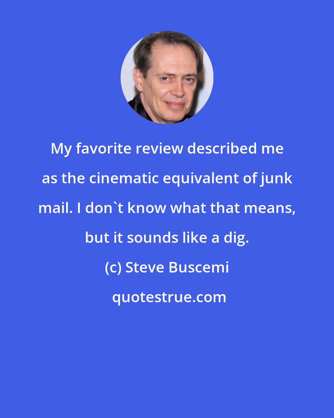 Steve Buscemi: My favorite review described me as the cinematic equivalent of junk mail. I don't know what that means, but it sounds like a dig.