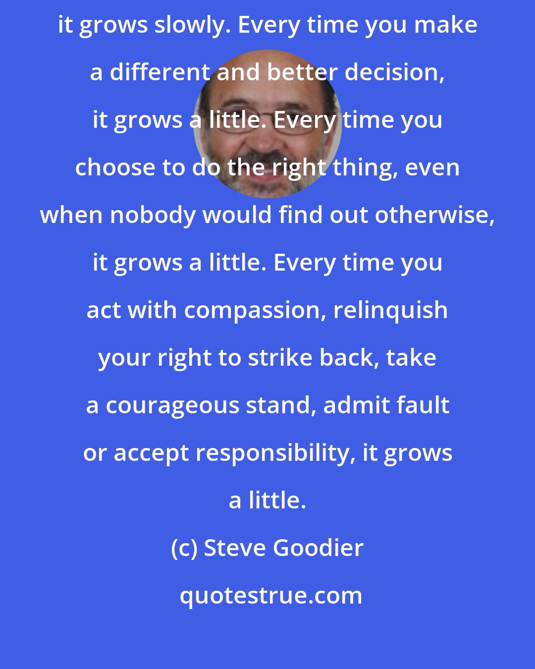 Steve Goodier: An authentic and genuine life grows like a sturdy tree. And like a tree, it grows slowly. Every time you make a different and better decision, it grows a little. Every time you choose to do the right thing, even when nobody would find out otherwise, it grows a little. Every time you act with compassion, relinquish your right to strike back, take a courageous stand, admit fault or accept responsibility, it grows a little.