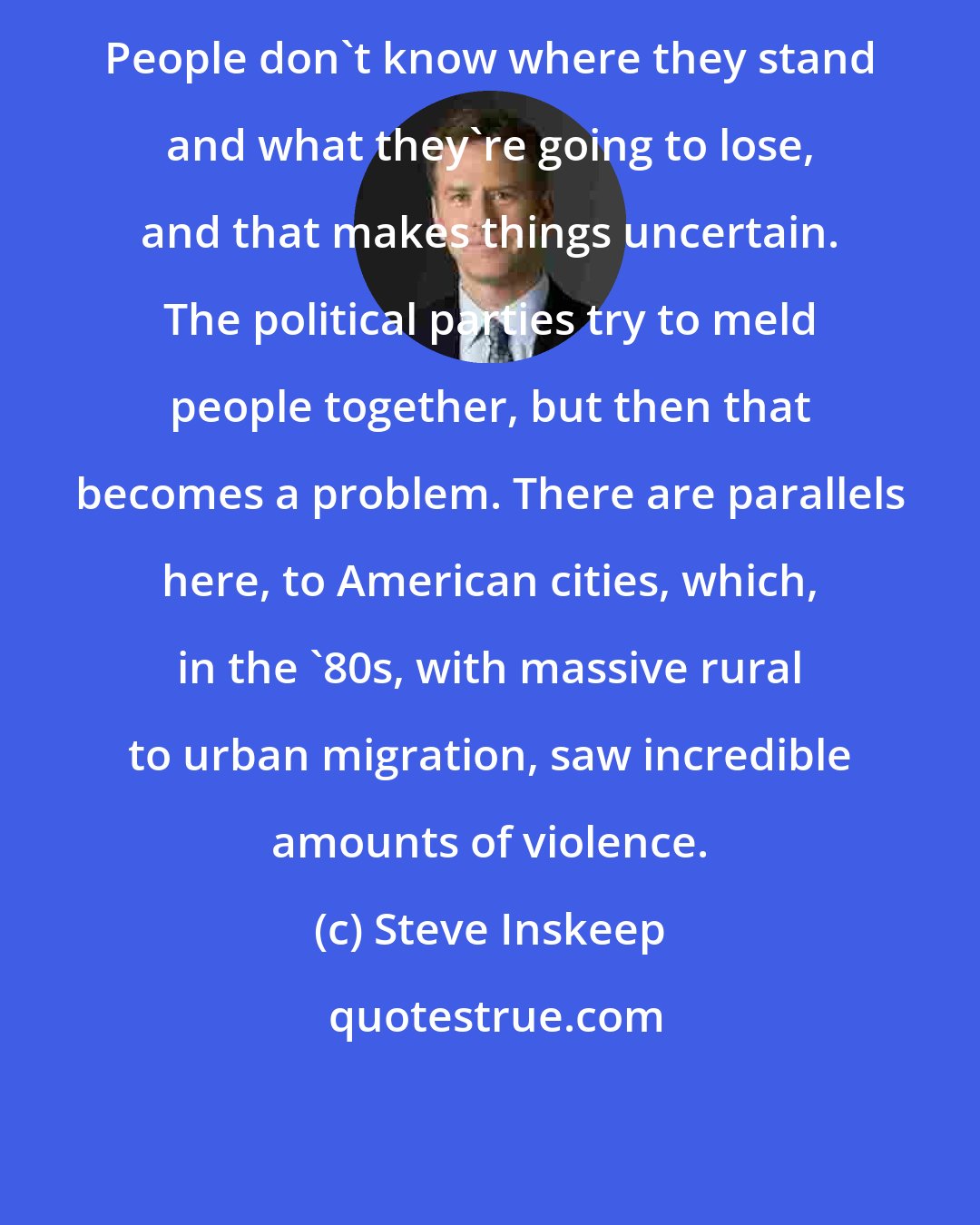 Steve Inskeep: People don't know where they stand and what they're going to lose, and that makes things uncertain. The political parties try to meld people together, but then that becomes a problem. There are parallels here, to American cities, which, in the '80s, with massive rural to urban migration, saw incredible amounts of violence.