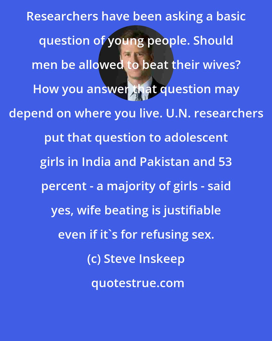 Steve Inskeep: Researchers have been asking a basic question of young people. Should men be allowed to beat their wives? How you answer that question may depend on where you live. U.N. researchers put that question to adolescent girls in India and Pakistan and 53 percent - a majority of girls - said yes, wife beating is justifiable even if it's for refusing sex.