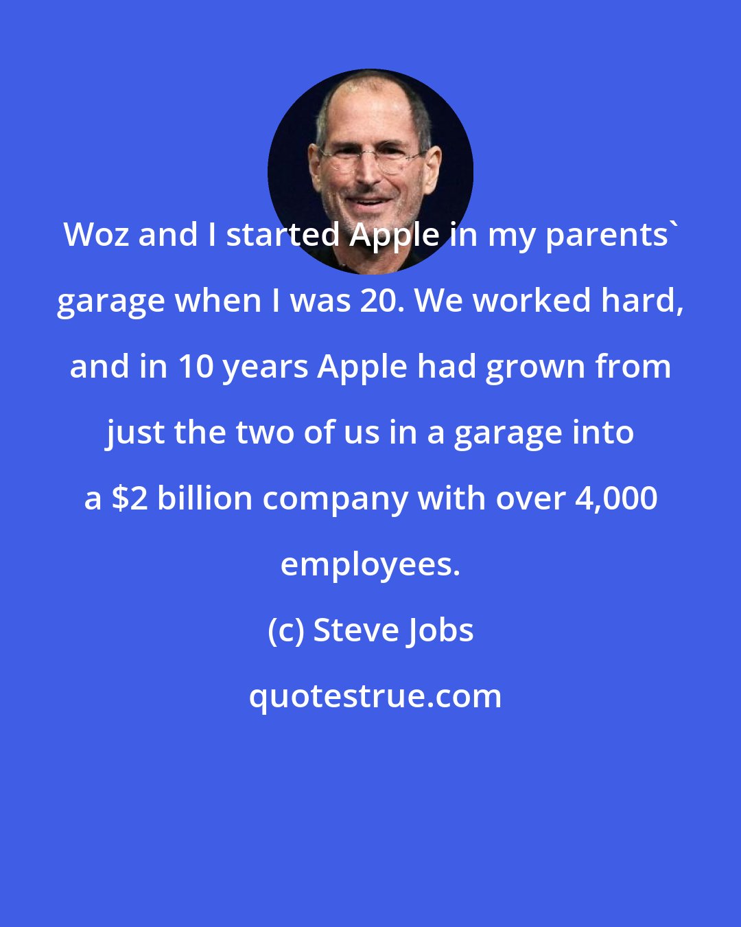 Steve Jobs: Woz and I started Apple in my parents' garage when I was 20. We worked hard, and in 10 years Apple had grown from just the two of us in a garage into a $2 billion company with over 4,000 employees.