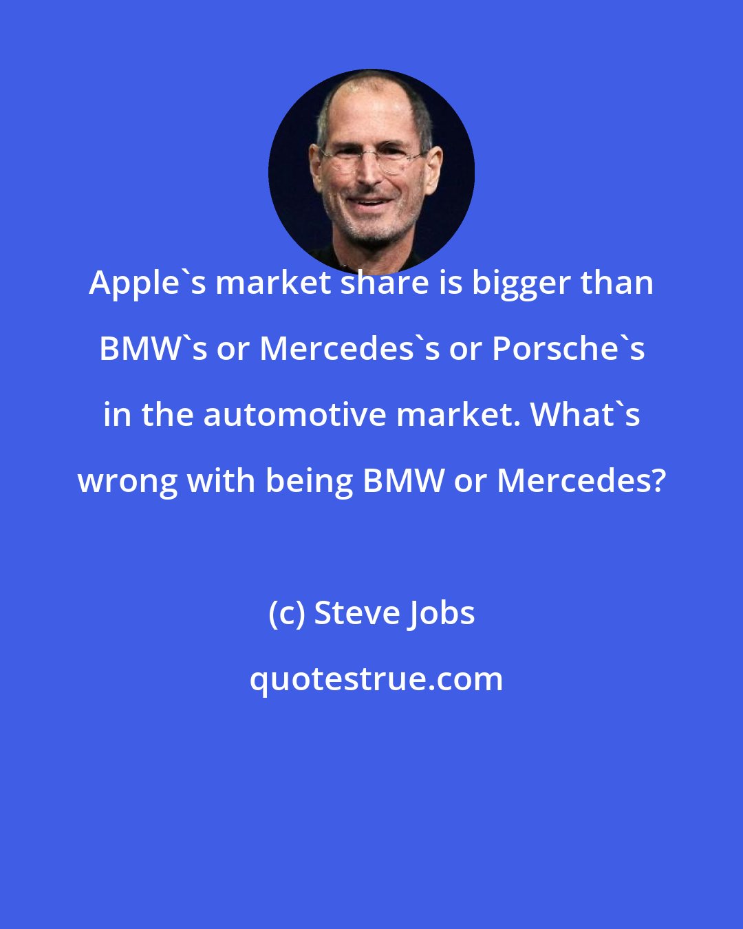 Steve Jobs: Apple's market share is bigger than BMW's or Mercedes's or Porsche's in the automotive market. What's wrong with being BMW or Mercedes?