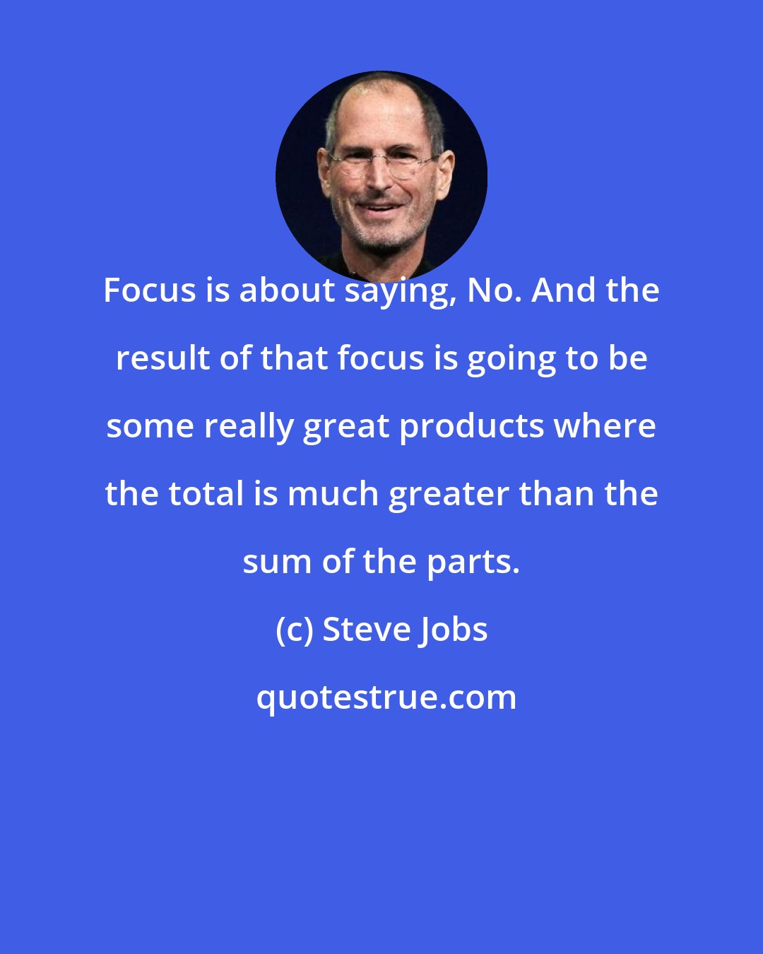 Steve Jobs: Focus is about saying, No. And the result of that focus is going to be some really great products where the total is much greater than the sum of the parts.