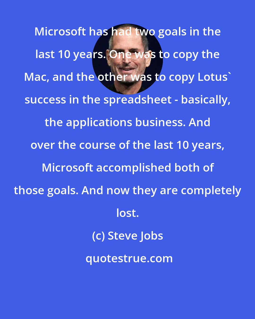 Steve Jobs: Microsoft has had two goals in the last 10 years. One was to copy the Mac, and the other was to copy Lotus' success in the spreadsheet - basically, the applications business. And over the course of the last 10 years, Microsoft accomplished both of those goals. And now they are completely lost.