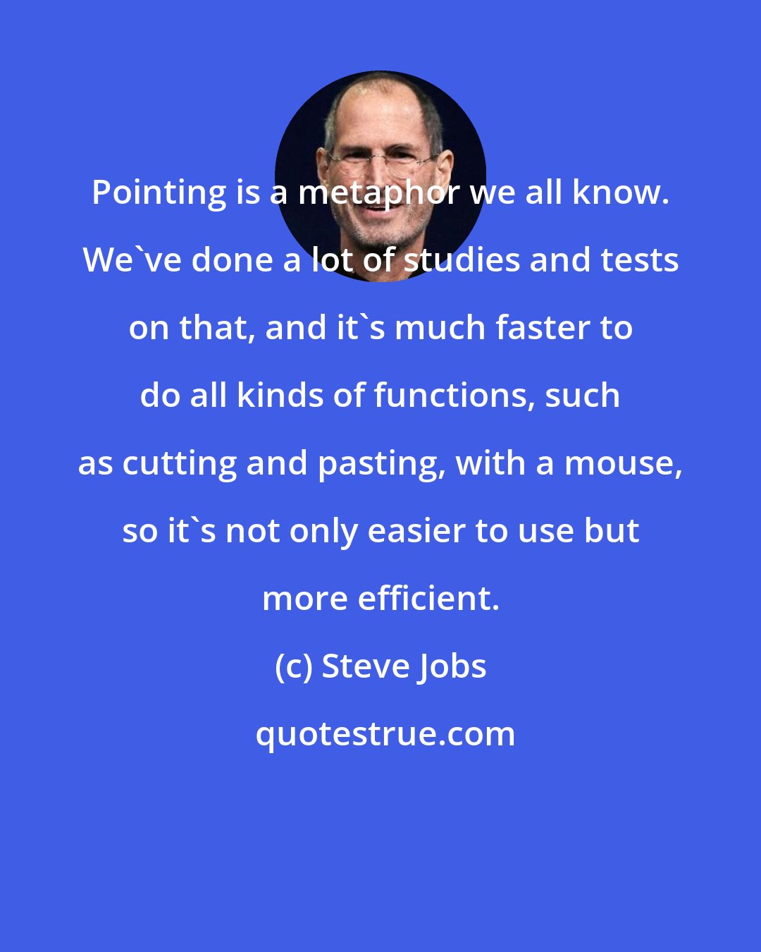 Steve Jobs: Pointing is a metaphor we all know. We've done a lot of studies and tests on that, and it's much faster to do all kinds of functions, such as cutting and pasting, with a mouse, so it's not only easier to use but more efficient.