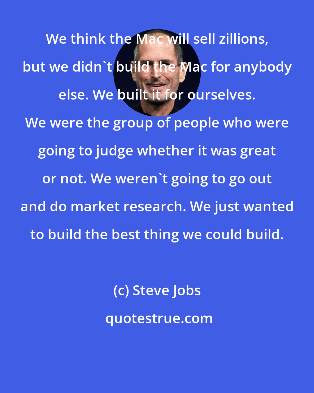 Steve Jobs: We think the Mac will sell zillions, but we didn't build the Mac for anybody else. We built it for ourselves. We were the group of people who were going to judge whether it was great or not. We weren't going to go out and do market research. We just wanted to build the best thing we could build.