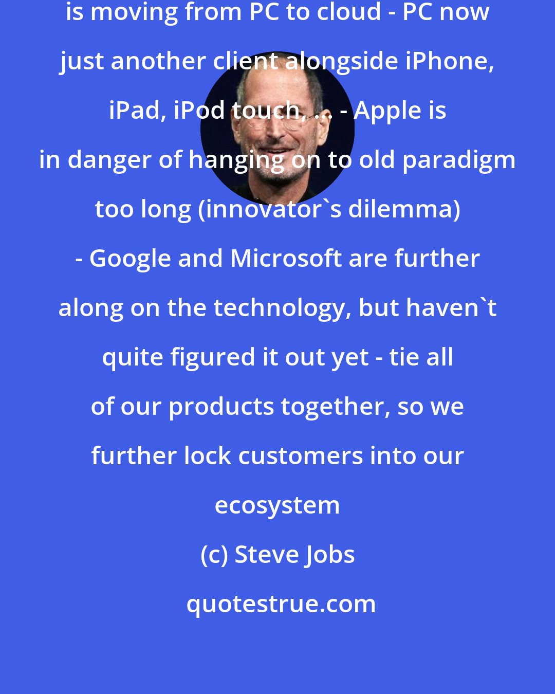 Steve Jobs: digital hub (center of our universe) is moving from PC to cloud - PC now just another client alongside iPhone, iPad, iPod touch, ... - Apple is in danger of hanging on to old paradigm too long (innovator's dilemma) - Google and Microsoft are further along on the technology, but haven't quite figured it out yet - tie all of our products together, so we further lock customers into our ecosystem