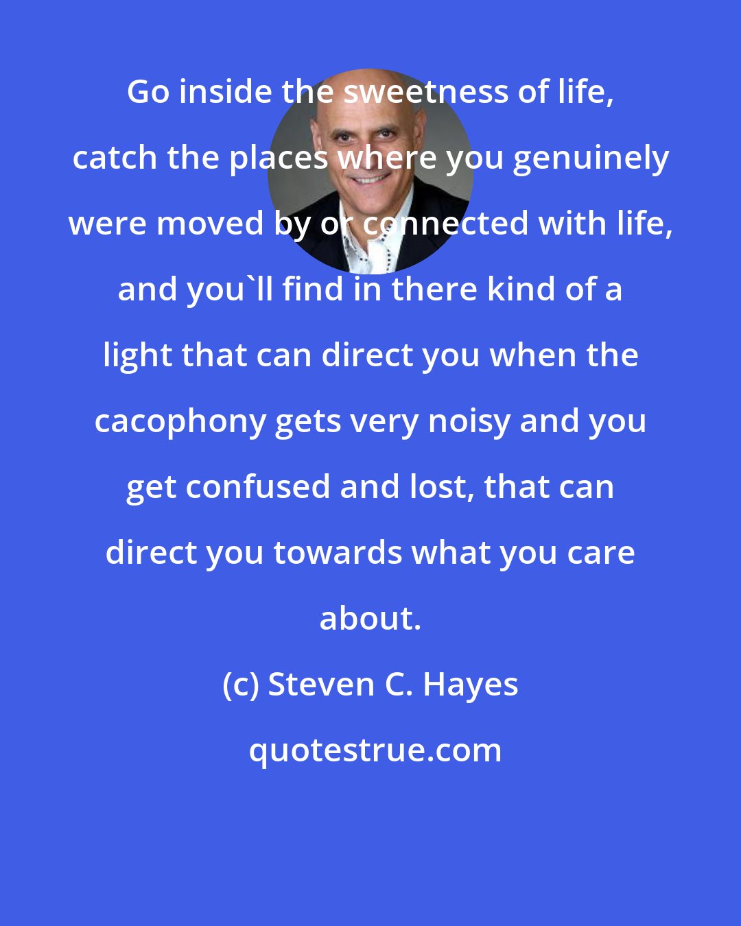 Steven C. Hayes: Go inside the sweetness of life, catch the places where you genuinely were moved by or connected with life, and you'll find in there kind of a light that can direct you when the cacophony gets very noisy and you get confused and lost, that can direct you towards what you care about.
