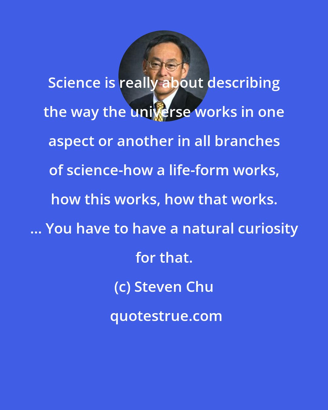 Steven Chu: Science is really about describing the way the universe works in one aspect or another in all branches of science-how a life-form works, how this works, how that works. ... You have to have a natural curiosity for that.