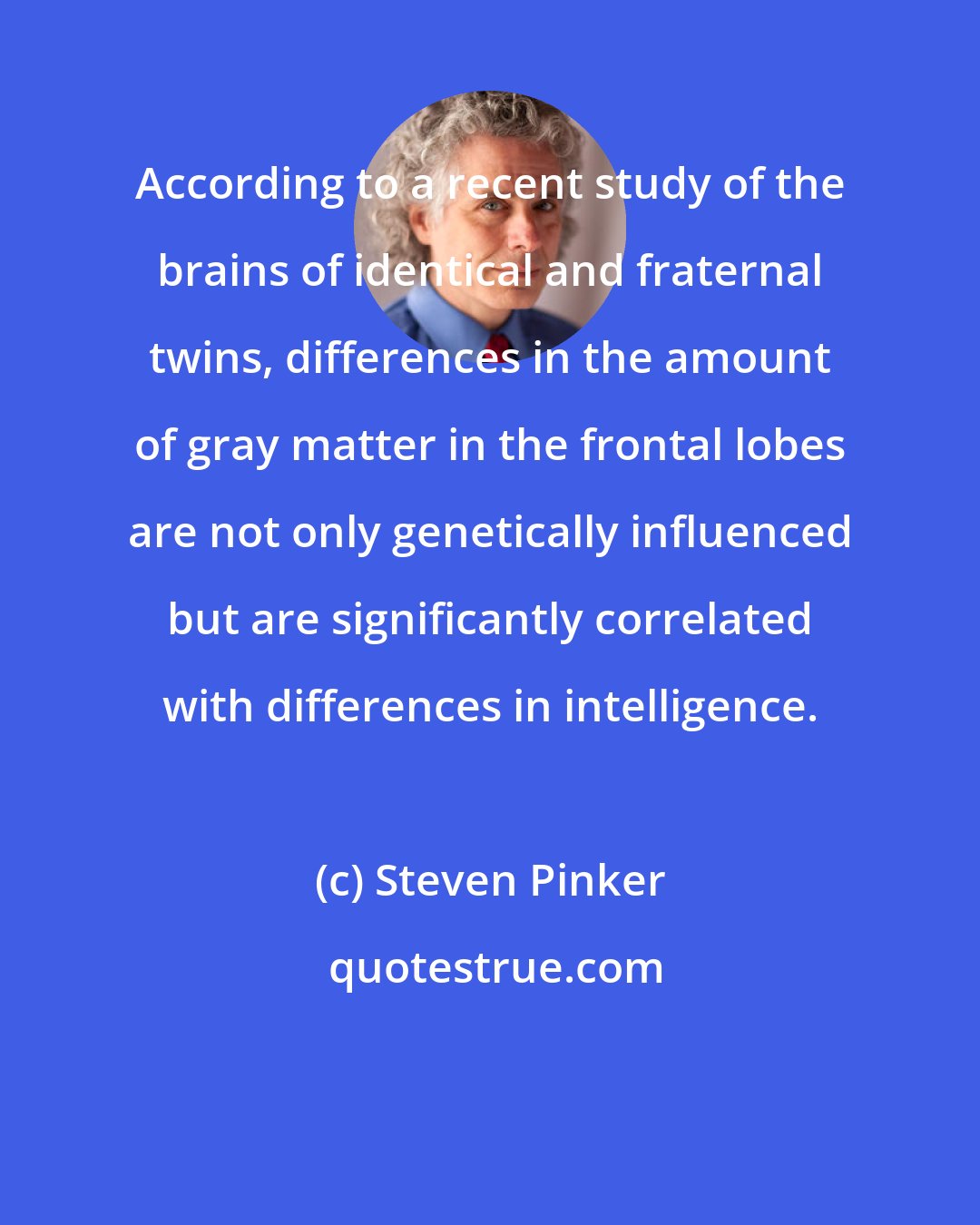 Steven Pinker: According to a recent study of the brains of identical and fraternal twins, differences in the amount of gray matter in the frontal lobes are not only genetically influenced but are significantly correlated with differences in intelligence.