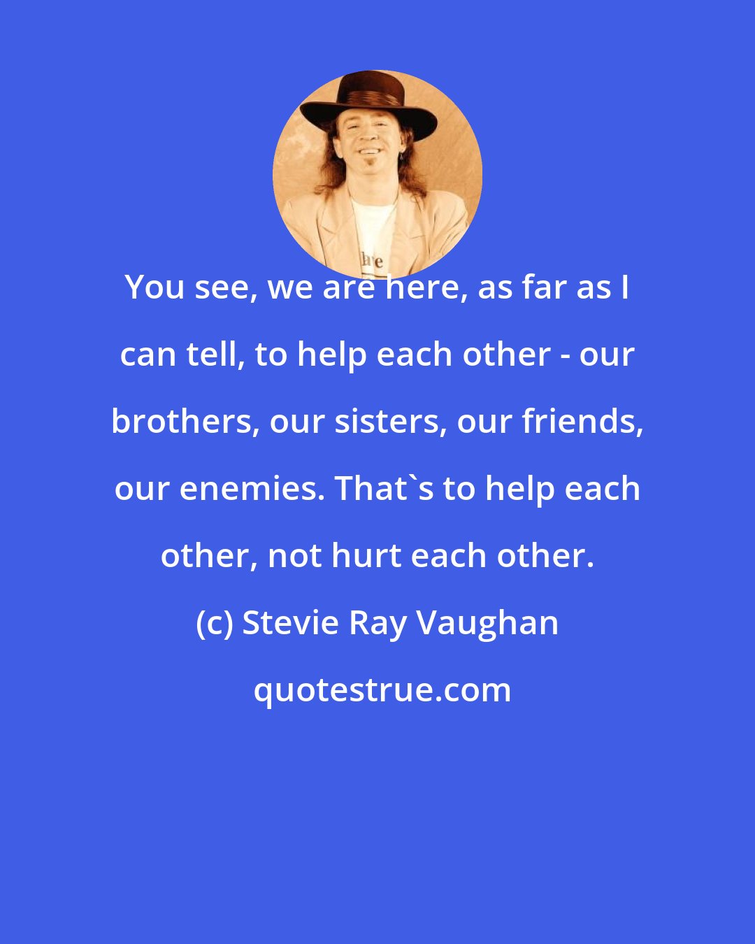 Stevie Ray Vaughan: You see, we are here, as far as I can tell, to help each other - our brothers, our sisters, our friends, our enemies. That's to help each other, not hurt each other.