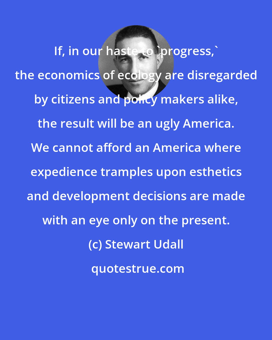 Stewart Udall: If, in our haste to 'progress,' the economics of ecology are disregarded by citizens and policy makers alike, the result will be an ugly America. We cannot afford an America where expedience tramples upon esthetics and development decisions are made with an eye only on the present.