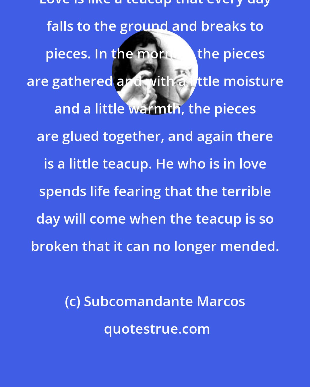 Subcomandante Marcos: Love is like a teacup that every day falls to the ground and breaks to pieces. In the morning the pieces are gathered and with a little moisture and a little warmth, the pieces are glued together, and again there is a little teacup. He who is in love spends life fearing that the terrible day will come when the teacup is so broken that it can no longer mended.