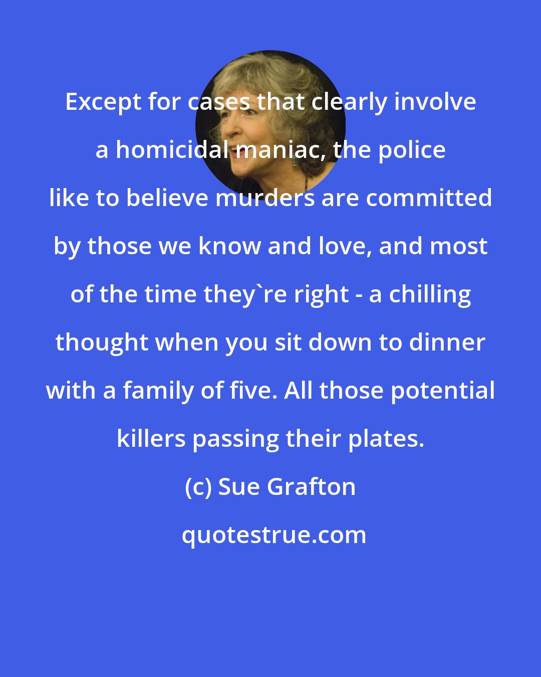 Sue Grafton: Except for cases that clearly involve a homicidal maniac, the police like to believe murders are committed by those we know and love, and most of the time they're right - a chilling thought when you sit down to dinner with a family of five. All those potential killers passing their plates.