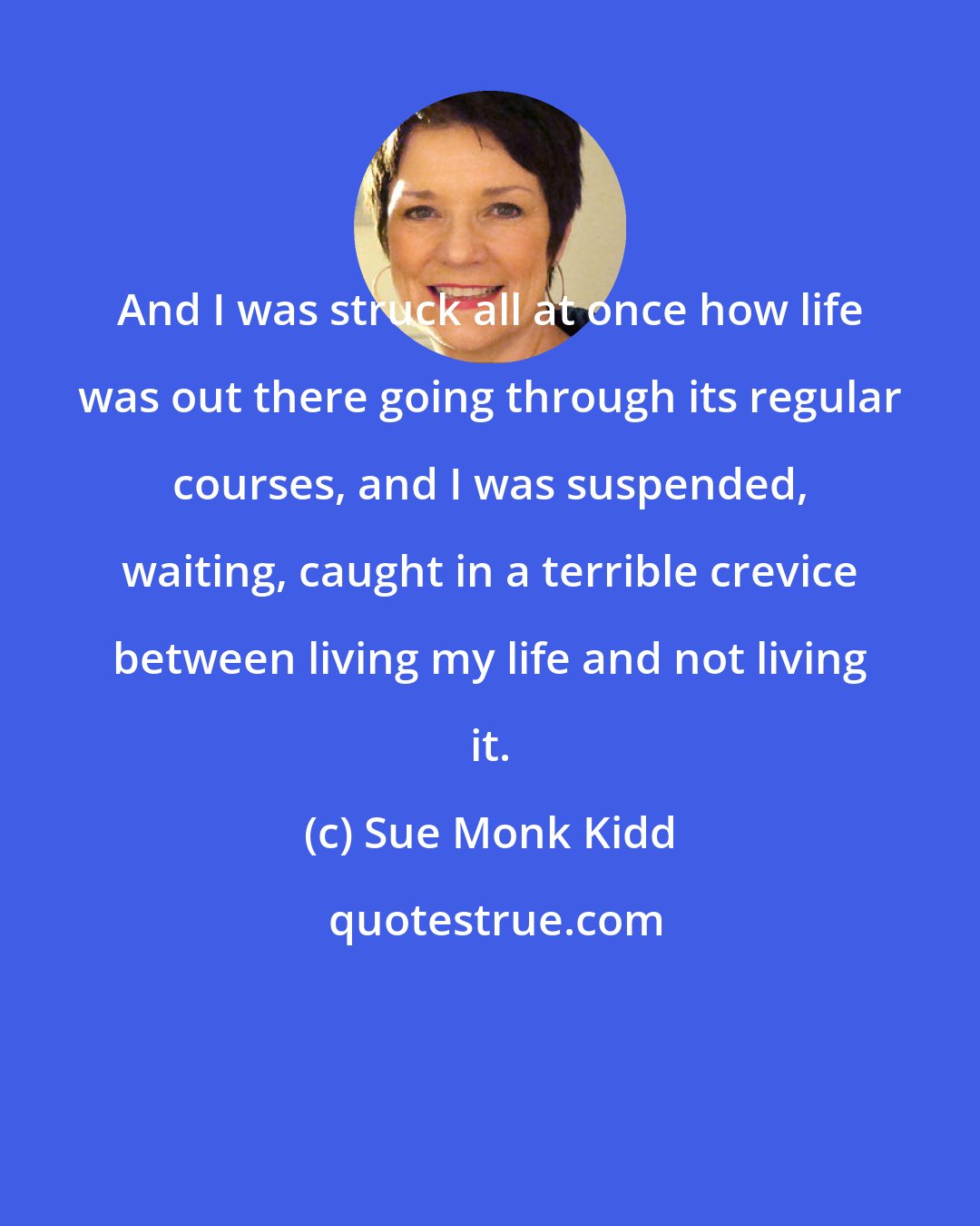 Sue Monk Kidd: And I was struck all at once how life was out there going through its regular courses, and I was suspended, waiting, caught in a terrible crevice between living my life and not living it.