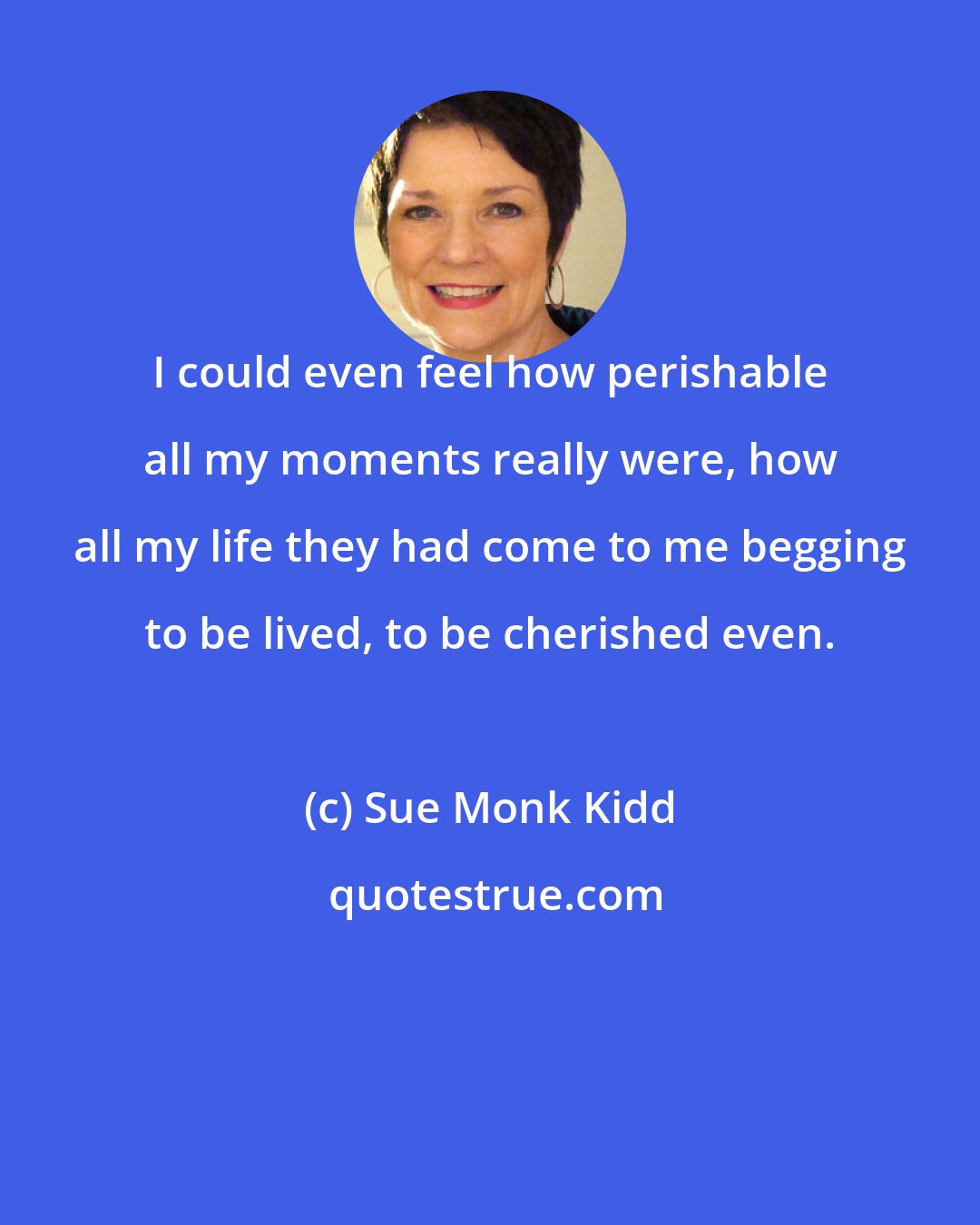 Sue Monk Kidd: I could even feel how perishable all my moments really were, how all my life they had come to me begging to be lived, to be cherished even.