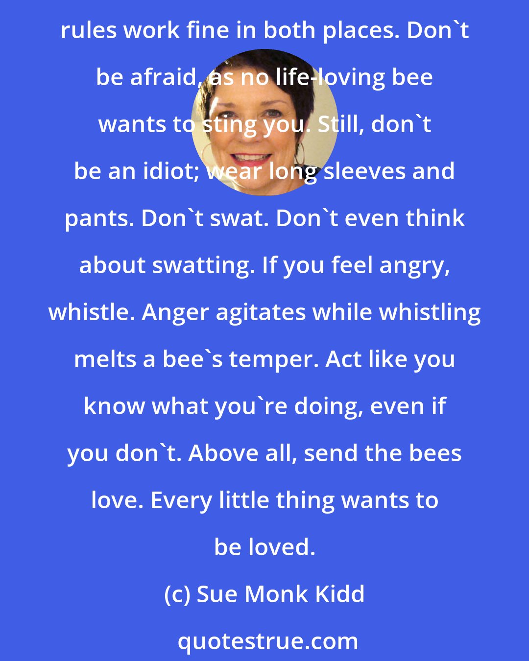 Sue Monk Kidd: I hadn't been out to the hives before, so to start off she gave me a lesson in what she called 'bee yard etiquette'. She reminded me that the world was really one bee yard, and the same rules work fine in both places. Don't be afraid, as no life-loving bee wants to sting you. Still, don't be an idiot; wear long sleeves and pants. Don't swat. Don't even think about swatting. If you feel angry, whistle. Anger agitates while whistling melts a bee's temper. Act like you know what you're doing, even if you don't. Above all, send the bees love. Every little thing wants to be loved.