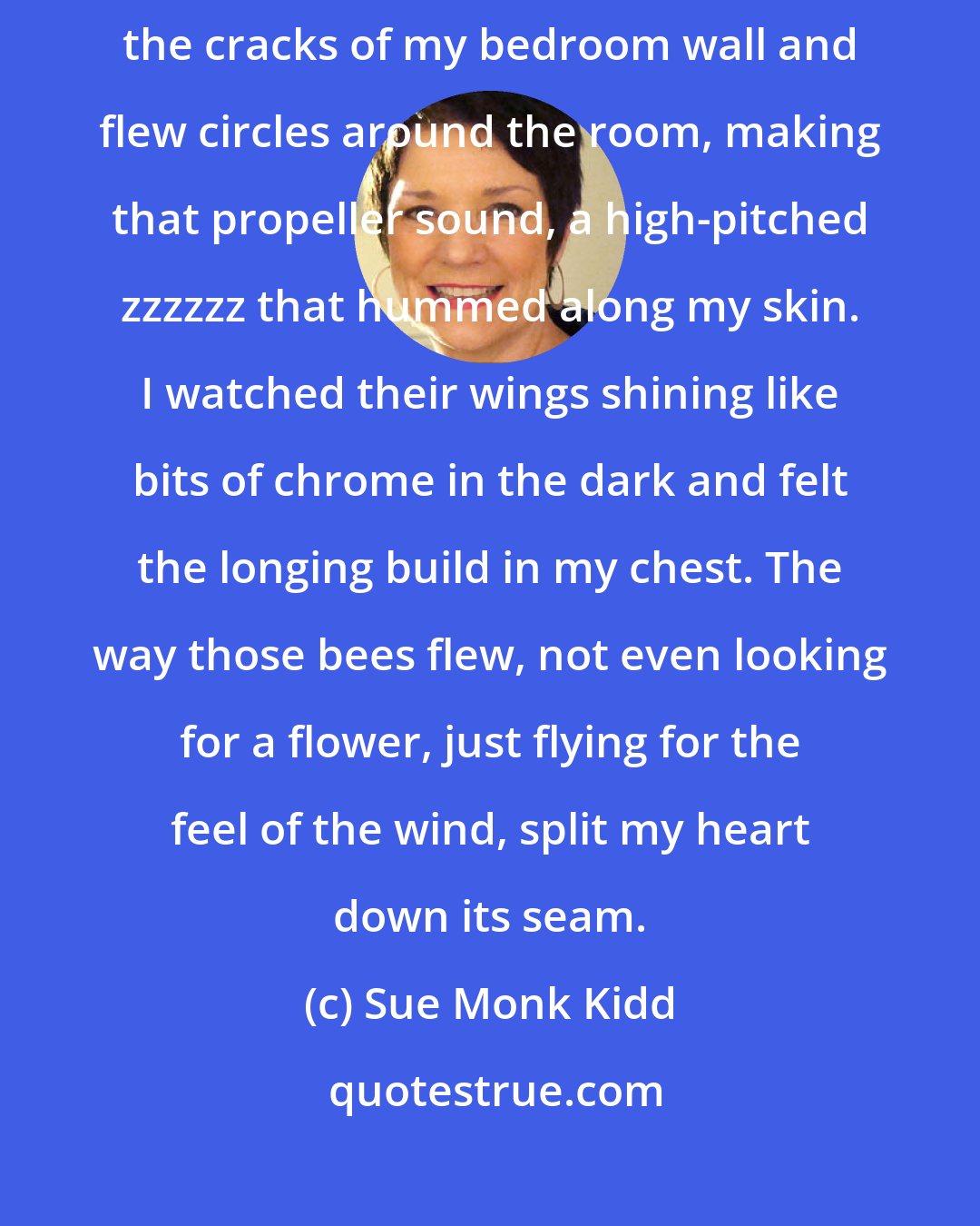 Sue Monk Kidd: At night I would lie in bed and watch the show, how bees squeezed through the cracks of my bedroom wall and flew circles around the room, making that propeller sound, a high-pitched zzzzzz that hummed along my skin. I watched their wings shining like bits of chrome in the dark and felt the longing build in my chest. The way those bees flew, not even looking for a flower, just flying for the feel of the wind, split my heart down its seam.