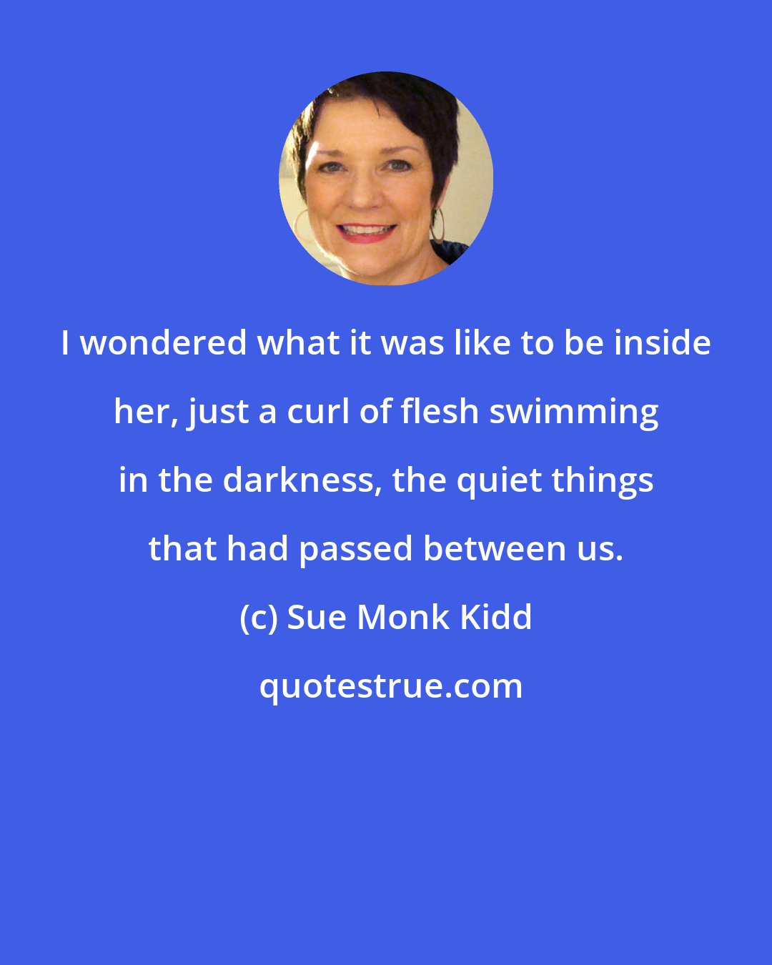 Sue Monk Kidd: I wondered what it was like to be inside her, just a curl of flesh swimming in the darkness, the quiet things that had passed between us.