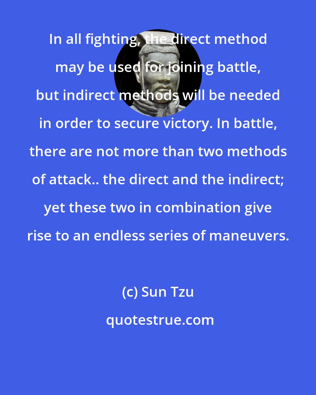 Sun Tzu: In all fighting, the direct method may be used for joining battle, but indirect methods will be needed in order to secure victory. In battle, there are not more than two methods of attack.. the direct and the indirect; yet these two in combination give rise to an endless series of maneuvers.