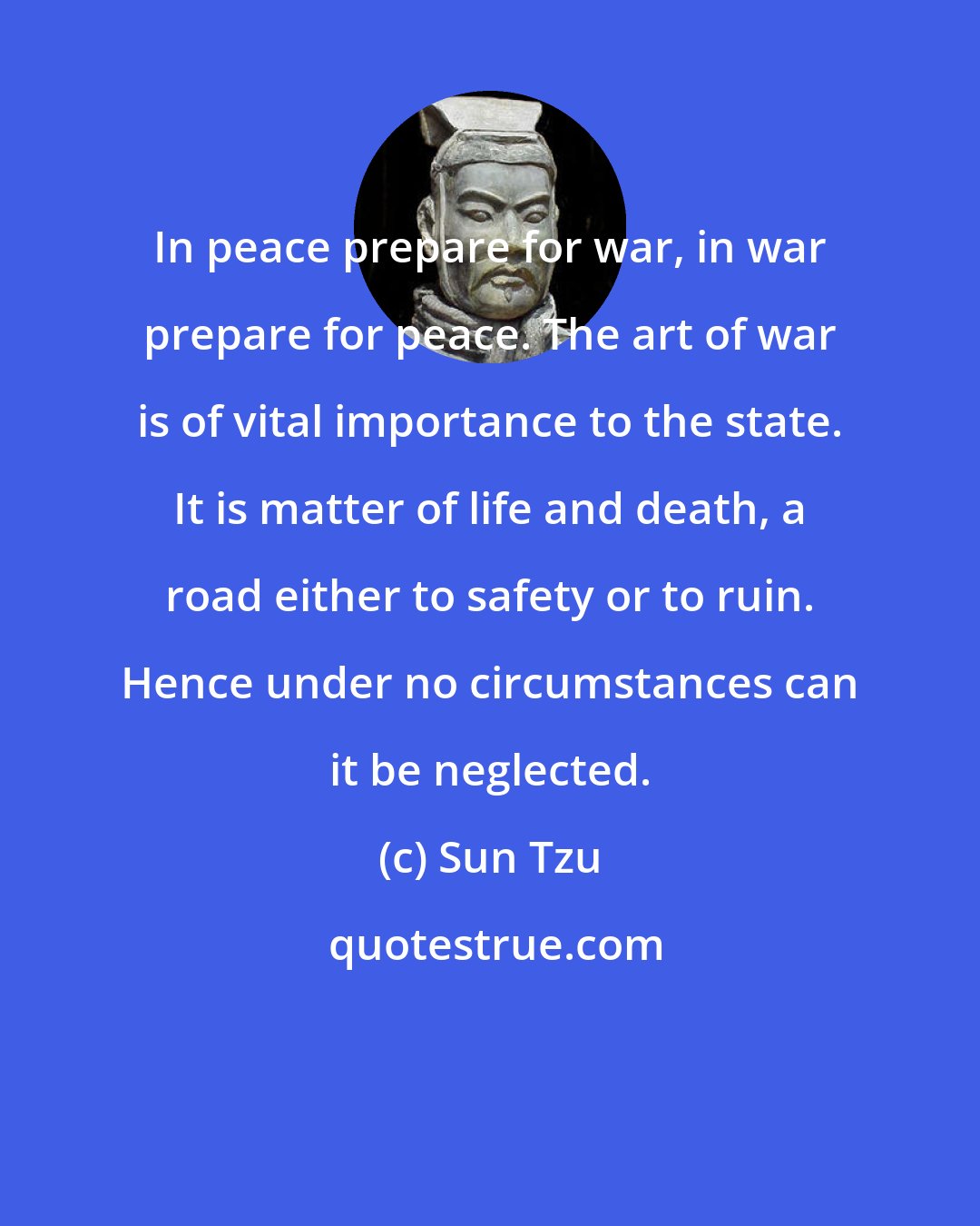 Sun Tzu: In peace prepare for war, in war prepare for peace. The art of war is of vital importance to the state. It is matter of life and death, a road either to safety or to ruin. Hence under no circumstances can it be neglected.