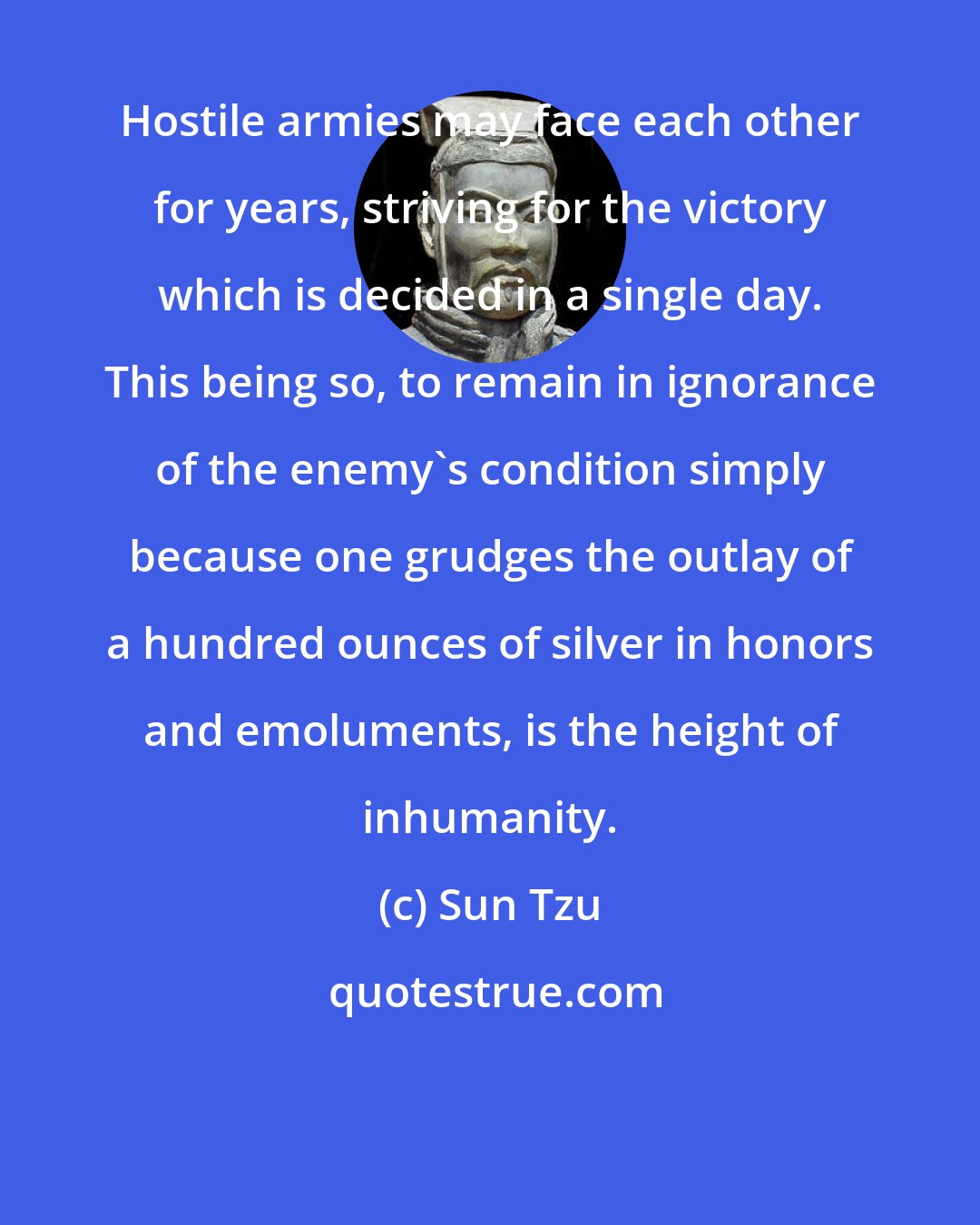 Sun Tzu: Hostile armies may face each other for years, striving for the victory which is decided in a single day. This being so, to remain in ignorance of the enemy's condition simply because one grudges the outlay of a hundred ounces of silver in honors and emoluments, is the height of inhumanity.