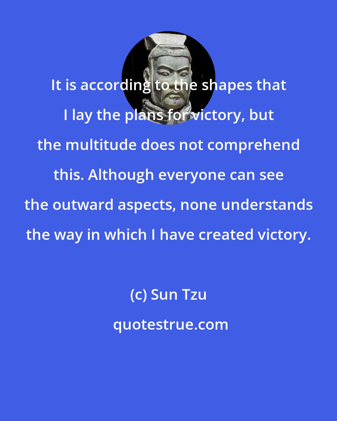 Sun Tzu: It is according to the shapes that I lay the plans for victory, but the multitude does not comprehend this. Although everyone can see the outward aspects, none understands the way in which I have created victory.