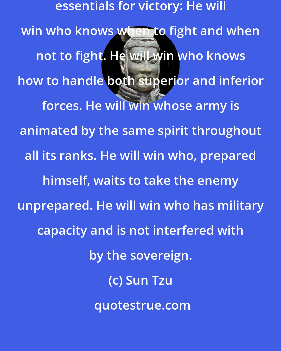 Sun Tzu: Thus we may know that there are five essentials for victory: He will win who knows when to fight and when not to fight. He will win who knows how to handle both superior and inferior forces. He will win whose army is animated by the same spirit throughout all its ranks. He will win who, prepared himself, waits to take the enemy unprepared. He will win who has military capacity and is not interfered with by the sovereign.