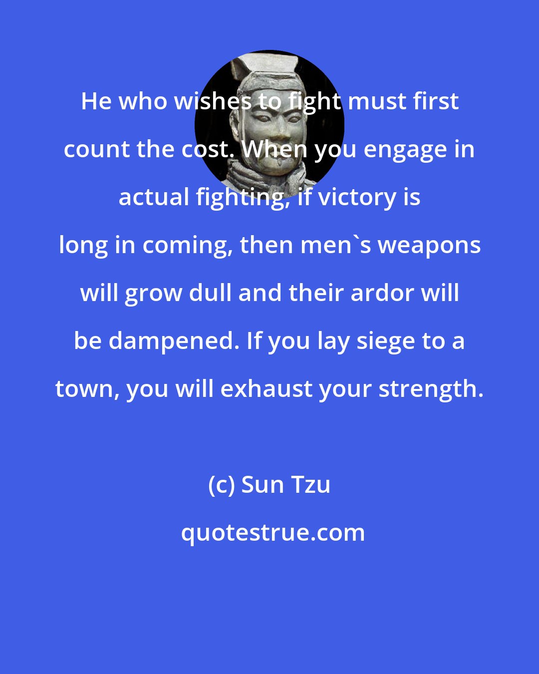 Sun Tzu: He who wishes to fight must first count the cost. When you engage in actual fighting, if victory is long in coming, then men's weapons will grow dull and their ardor will be dampened. If you lay siege to a town, you will exhaust your strength.