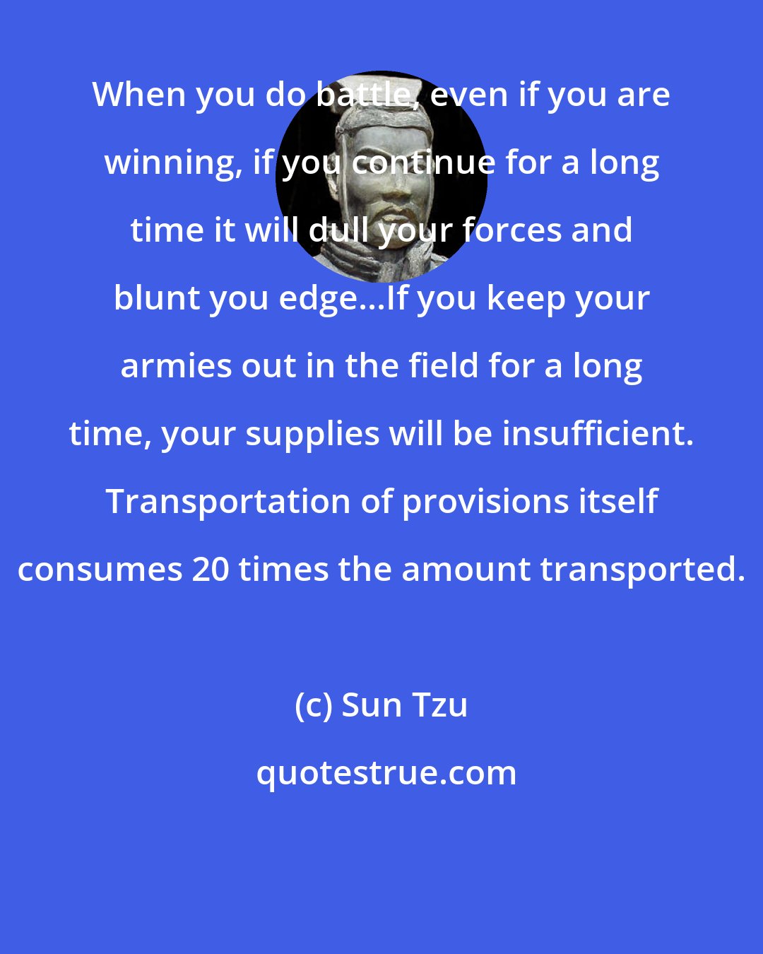 Sun Tzu: When you do battle, even if you are winning, if you continue for a long time it will dull your forces and blunt you edge...If you keep your armies out in the field for a long time, your supplies will be insufficient. Transportation of provisions itself consumes 20 times the amount transported.