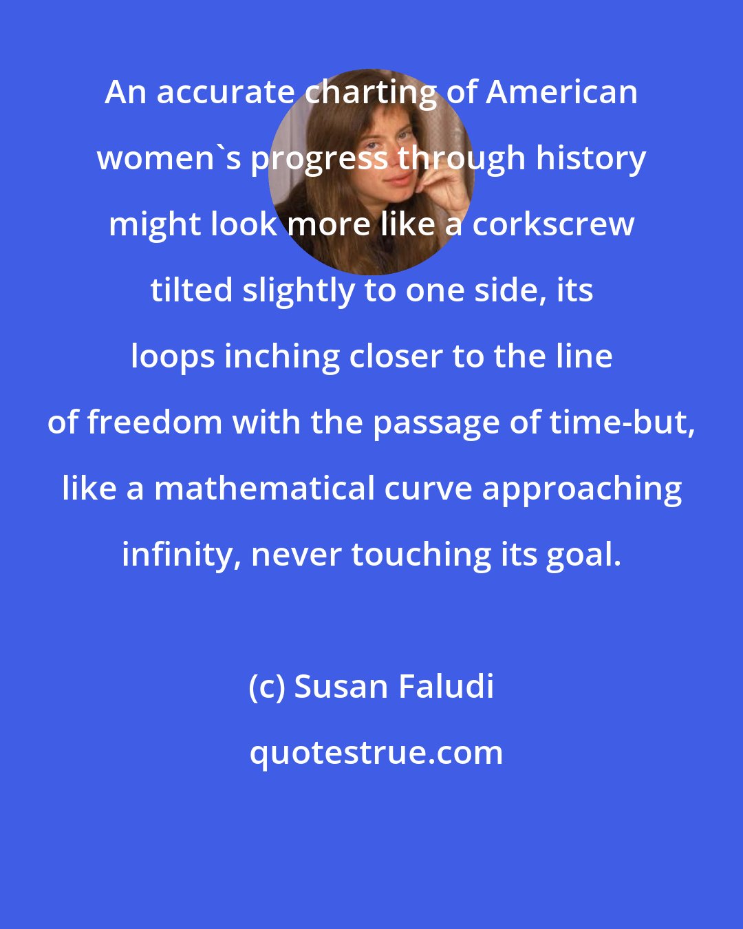 Susan Faludi: An accurate charting of American women's progress through history might look more like a corkscrew tilted slightly to one side, its loops inching closer to the line of freedom with the passage of time-but, like a mathematical curve approaching infinity, never touching its goal.