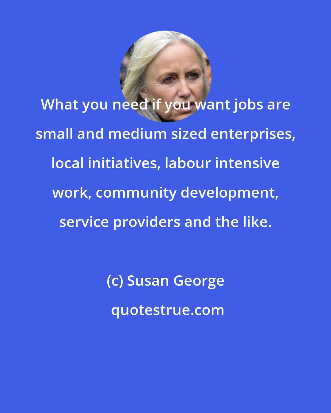 Susan George: What you need if you want jobs are small and medium sized enterprises, local initiatives, labour intensive work, community development, service providers and the like.