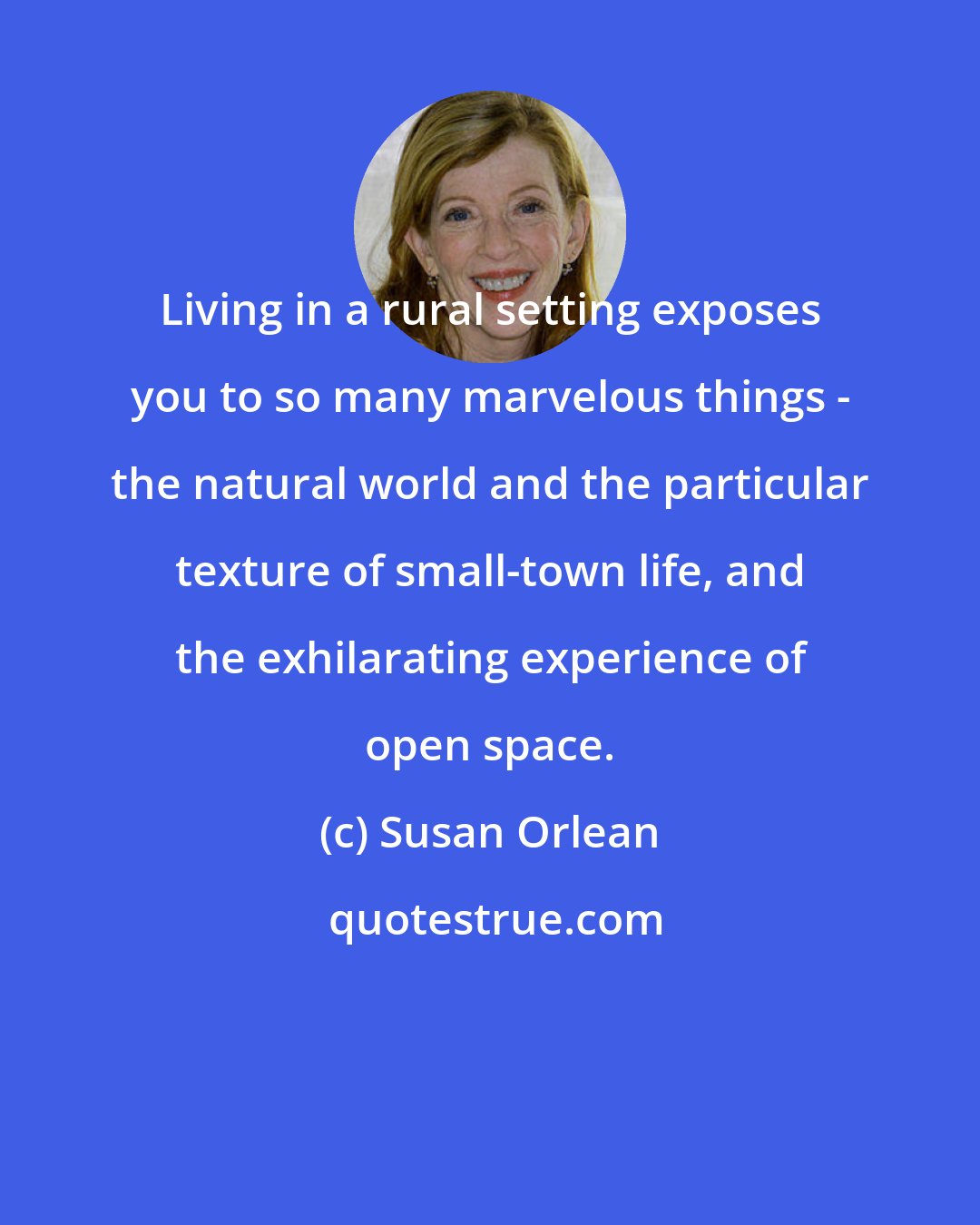 Susan Orlean: Living in a rural setting exposes you to so many marvelous things - the natural world and the particular texture of small-town life, and the exhilarating experience of open space.