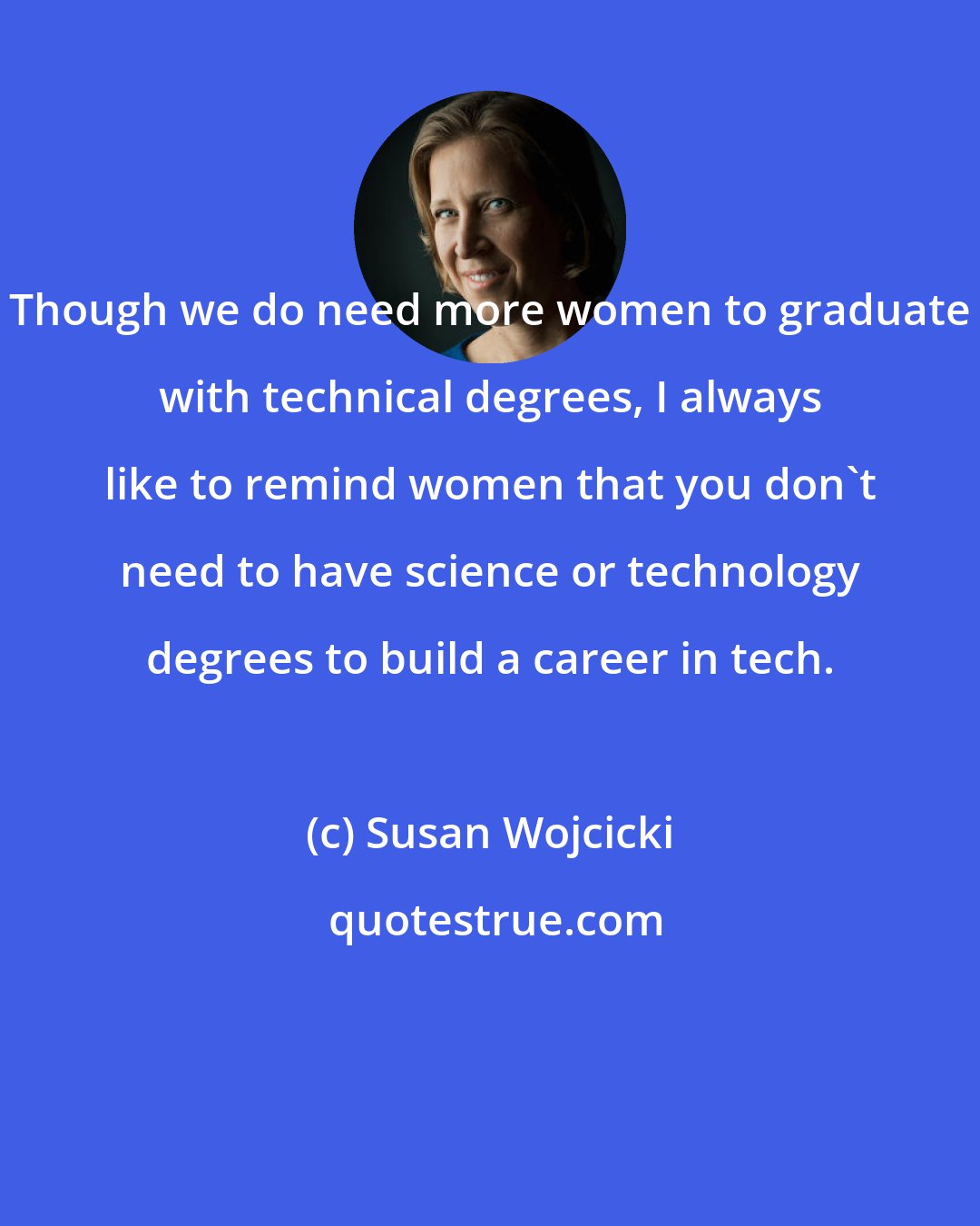 Susan Wojcicki: Though we do need more women to graduate with technical degrees, I always like to remind women that you don't need to have science or technology degrees to build a career in tech.