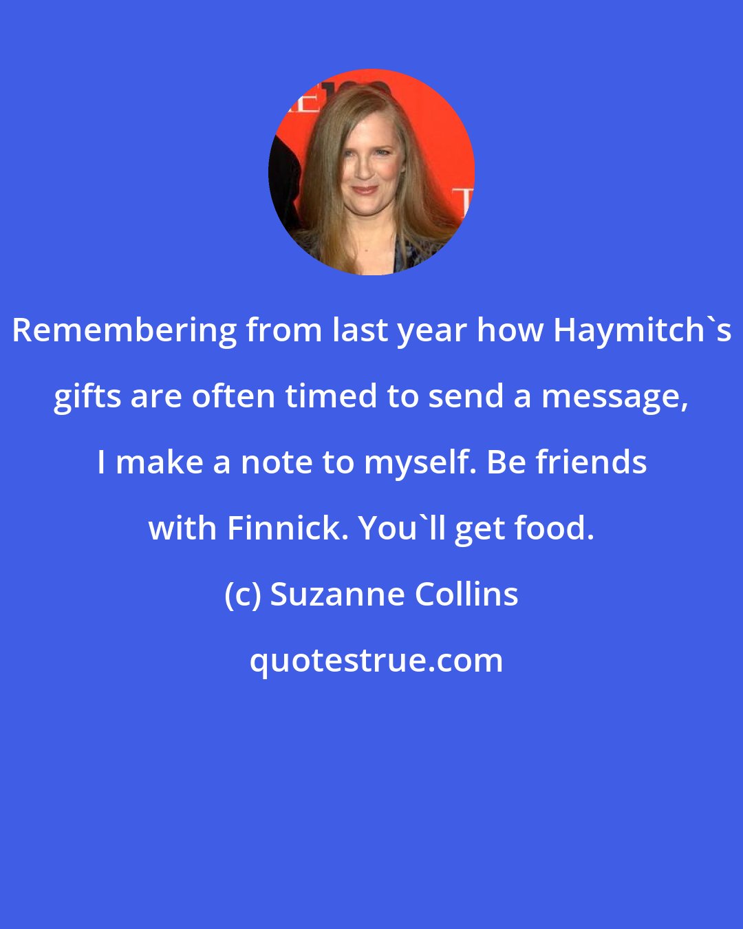 Suzanne Collins: Remembering from last year how Haymitch's gifts are often timed to send a message, I make a note to myself. Be friends with Finnick. You'll get food.