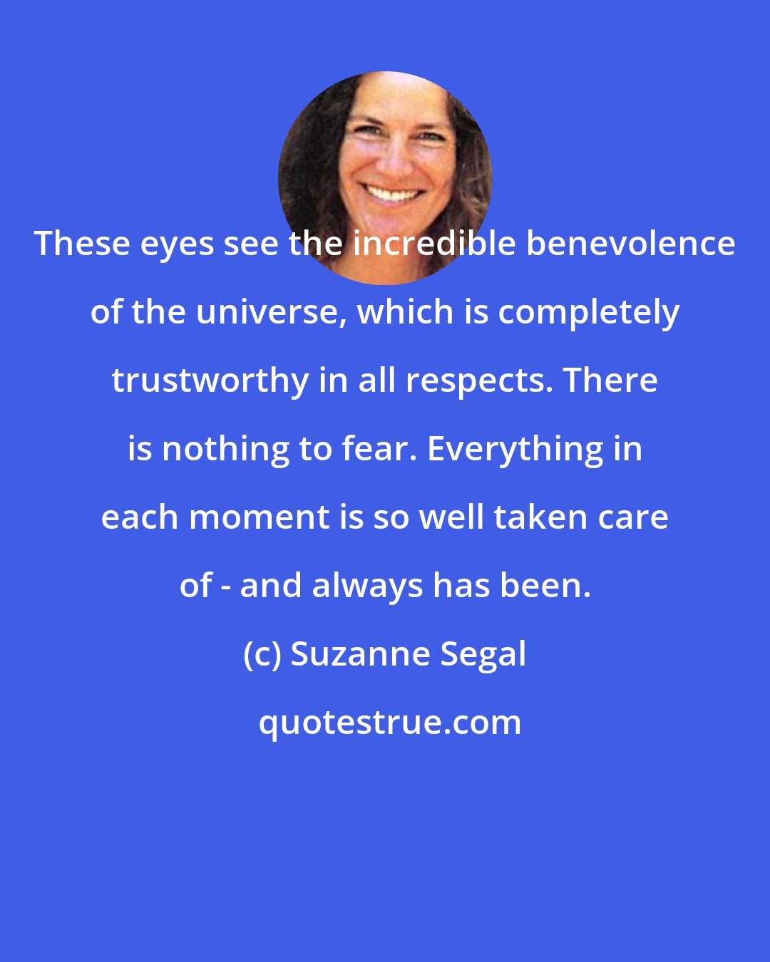 Suzanne Segal: These eyes see the incredible benevolence of the universe, which is completely trustworthy in all respects. There is nothing to fear. Everything in each moment is so well taken care of - and always has been.