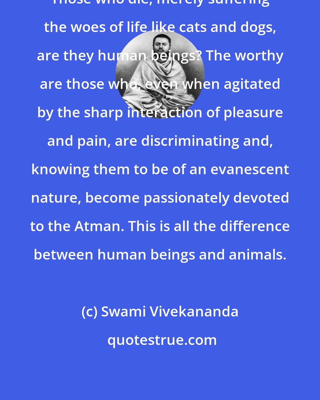 Swami Vivekananda: Those who die, merely suffering the woes of life like cats and dogs, are they human beings? The worthy are those who, even when agitated by the sharp interaction of pleasure and pain, are discriminating and, knowing them to be of an evanescent nature, become passionately devoted to the Atman. This is all the difference between human beings and animals.