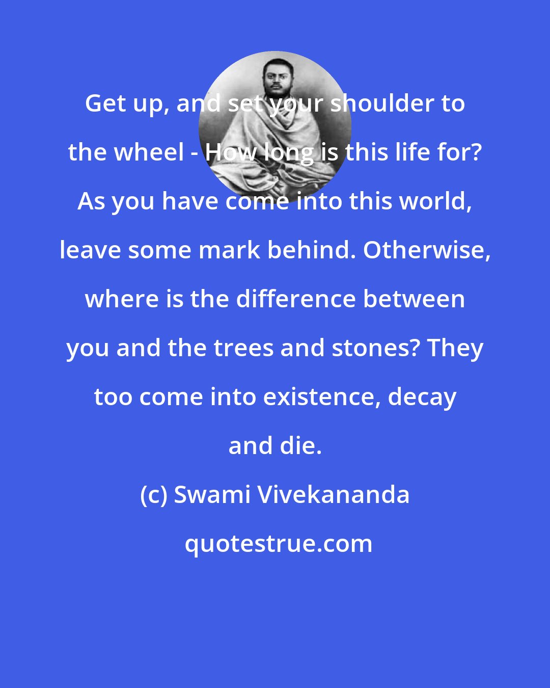 Swami Vivekananda: Get up, and set your shoulder to the wheel - How long is this life for? As you have come into this world, leave some mark behind. Otherwise, where is the difference between you and the trees and stones? They too come into existence, decay and die.