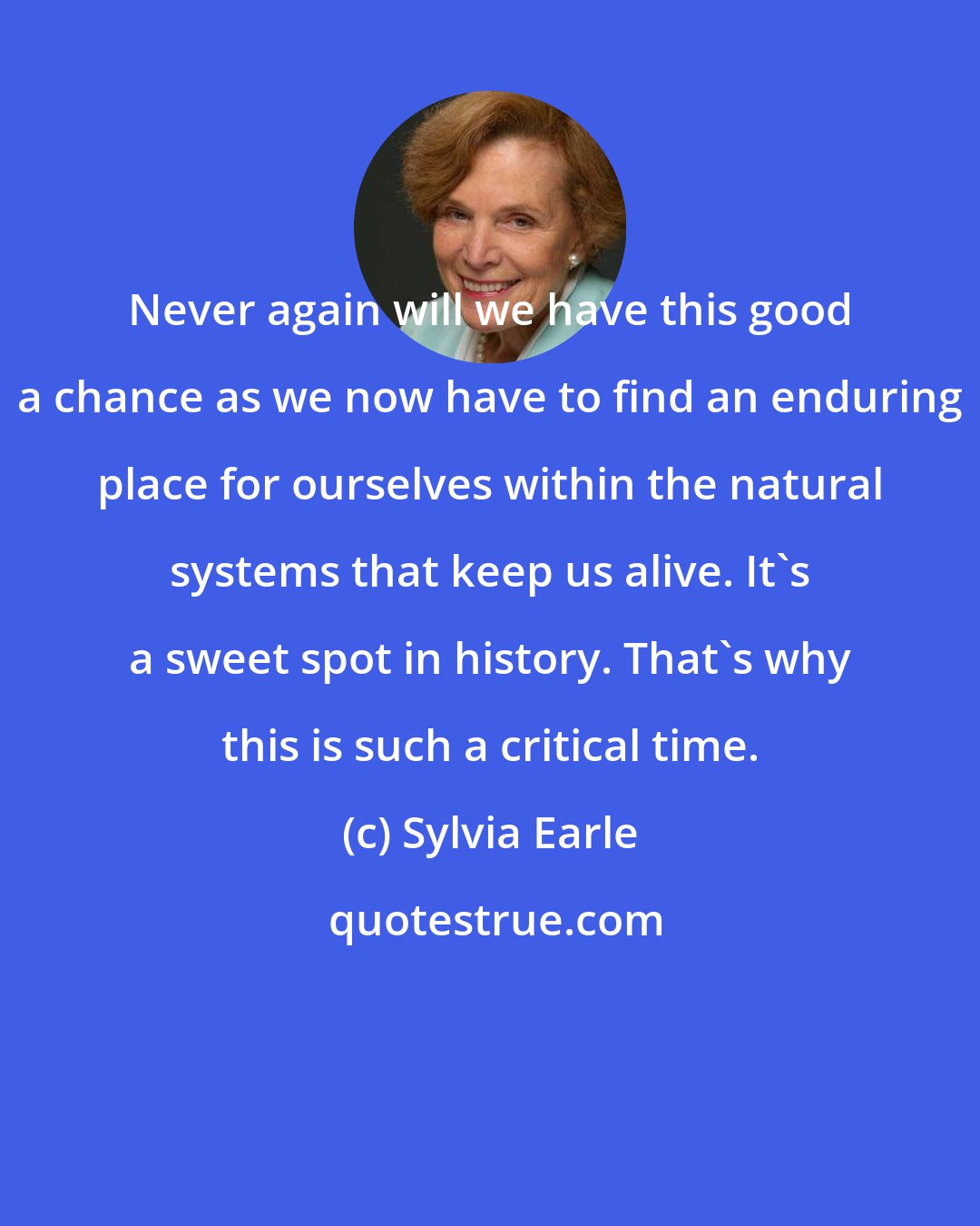 Sylvia Earle: Never again will we have this good a chance as we now have to find an enduring place for ourselves within the natural systems that keep us alive. It's a sweet spot in history. That's why this is such a critical time.