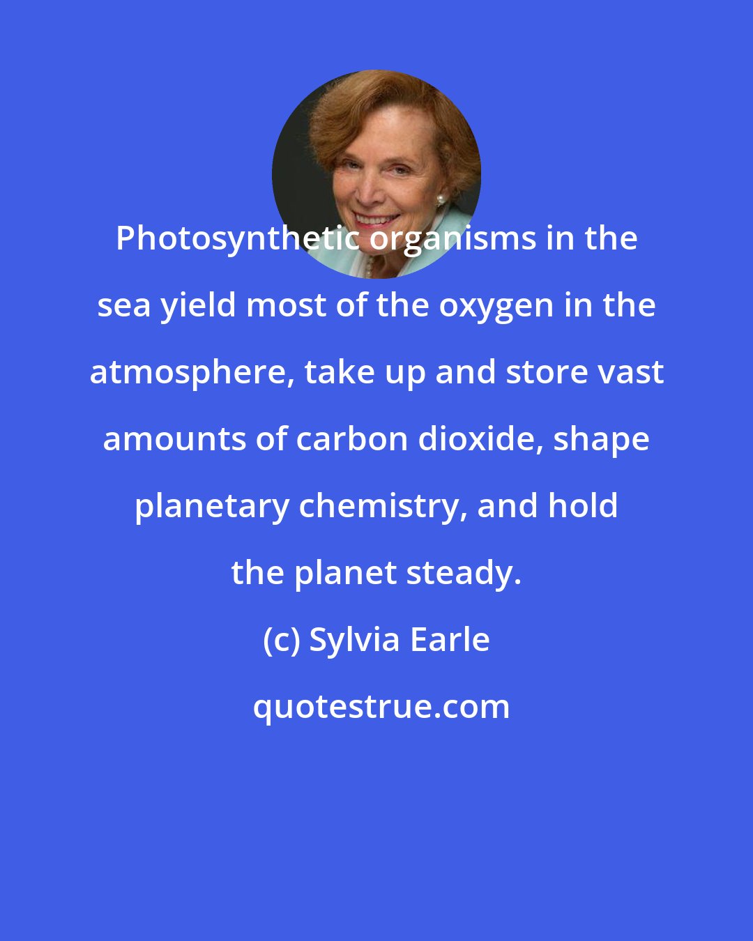 Sylvia Earle: Photosynthetic organisms in the sea yield most of the oxygen in the atmosphere, take up and store vast amounts of carbon dioxide, shape planetary chemistry, and hold the planet steady.