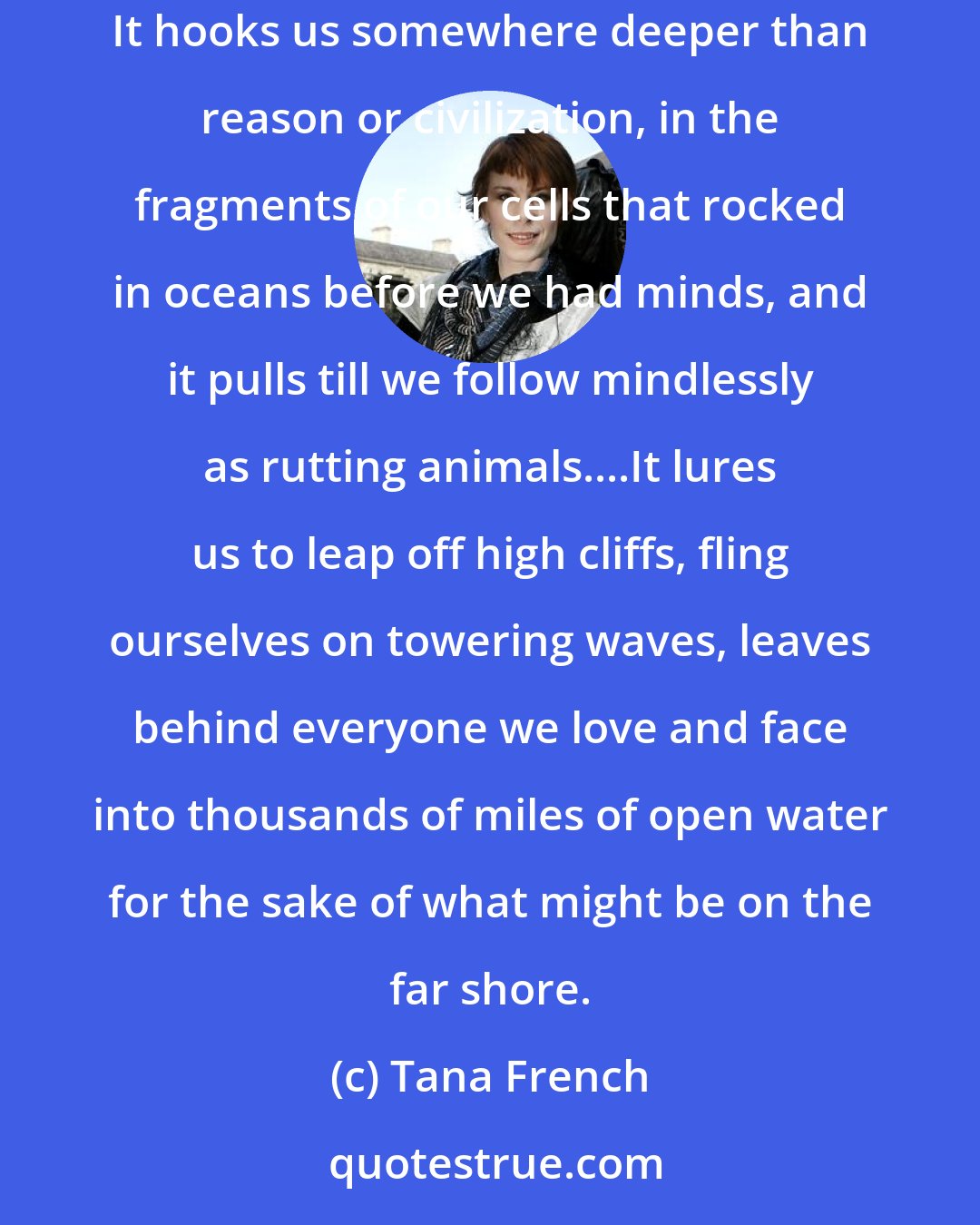 Tana French: The smell of the sea swept over the wall and in through the empty window-hole, wide and wild with a million intoxicating secrets. I don't trust that smell. It hooks us somewhere deeper than reason or civilization, in the fragments of our cells that rocked in oceans before we had minds, and it pulls till we follow mindlessly as rutting animals....It lures us to leap off high cliffs, fling ourselves on towering waves, leaves behind everyone we love and face into thousands of miles of open water for the sake of what might be on the far shore.