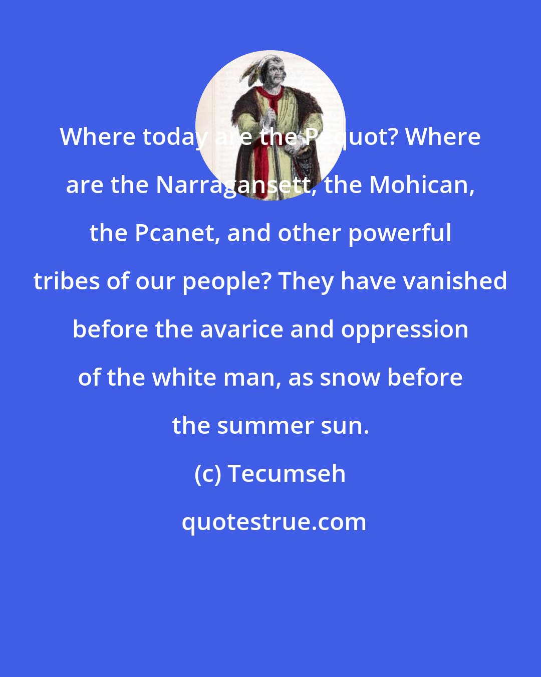 Tecumseh: Where today are the Pequot? Where are the Narragansett, the Mohican, the Pcanet, and other powerful tribes of our people? They have vanished before the avarice and oppression of the white man, as snow before the summer sun.