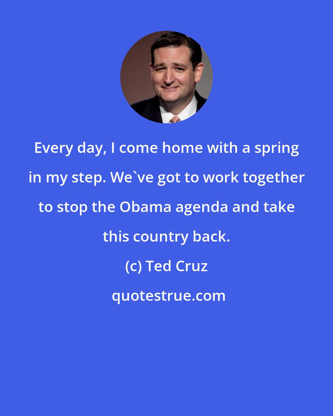 Ted Cruz: Every day, I come home with a spring in my step. We've got to work together to stop the Obama agenda and take this country back.