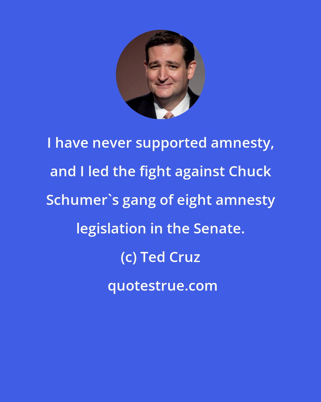 Ted Cruz: I have never supported amnesty, and I led the fight against Chuck Schumer's gang of eight amnesty legislation in the Senate.